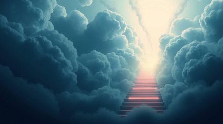 A captivating vector graphic showcases a modern flat design depicting a grand, epic scene. A winding stairway of smoke and li