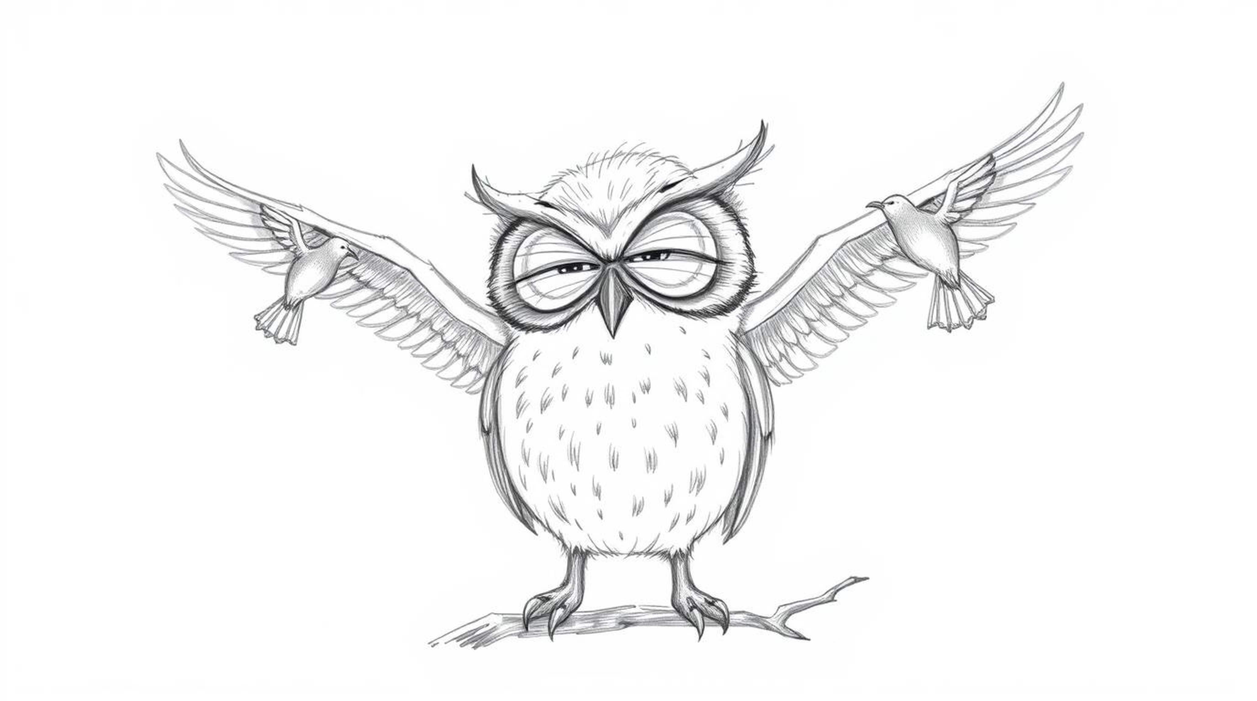 A Pixar-inspired hand-drawn sketch depicts a heartwarming scene of a blind owl with soft features and expressive eyes guiding
