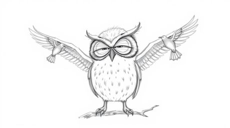 A Pixar-inspired hand-drawn sketch depicts a heartwarming scene of a blind owl with soft features and expressive eyes guiding