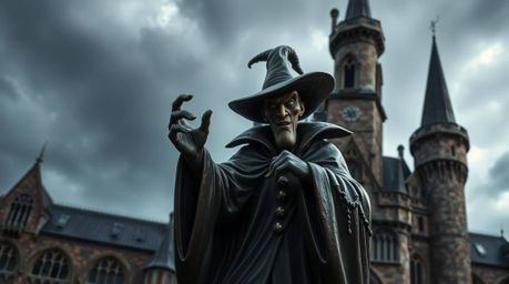A captivating bronze sculpture depicting a classic Disney villain casting a spell within the ancient walls of a castle.  The 