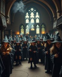 Immerse yourself in a magical academy brimming with aspiring wizards, presented in a dramatic, cinematic fashion. The scene i