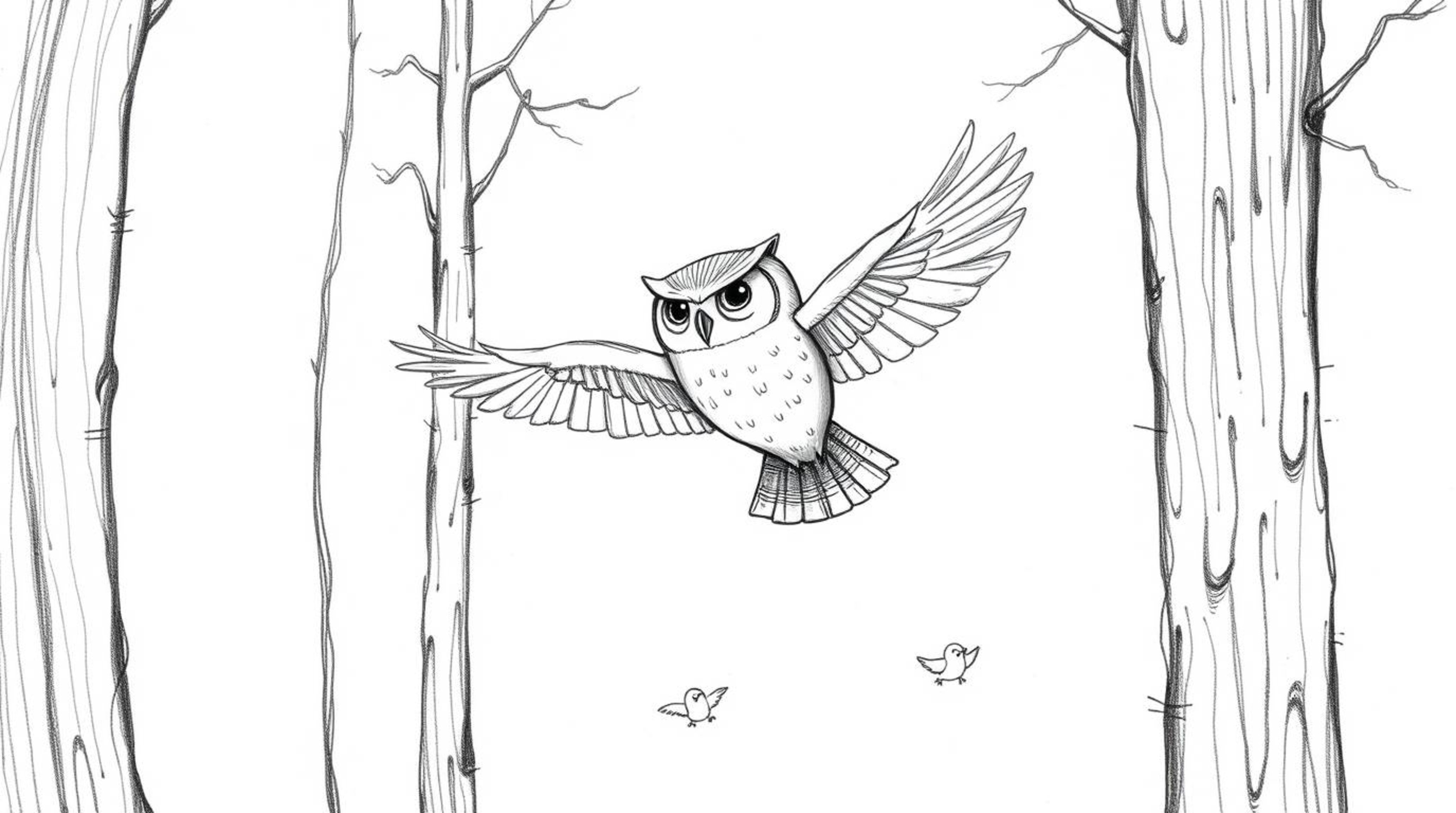 A heartwarming hand-drawn sketch, evocative of Pixar's charm, portrays a blind owl gracefully gliding between towering trees,