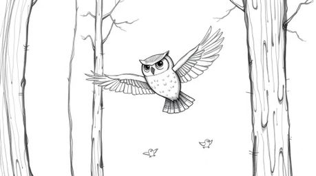 A heartwarming hand-drawn sketch, evocative of Pixar's charm, portrays a blind owl gracefully gliding between towering trees,