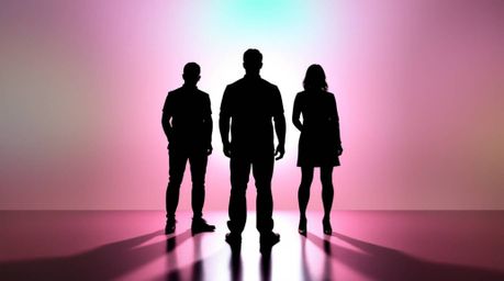 This image showcases back-lit silhouettes rendered in a modern flat design style.  Featuring an iridescent gradient texture o