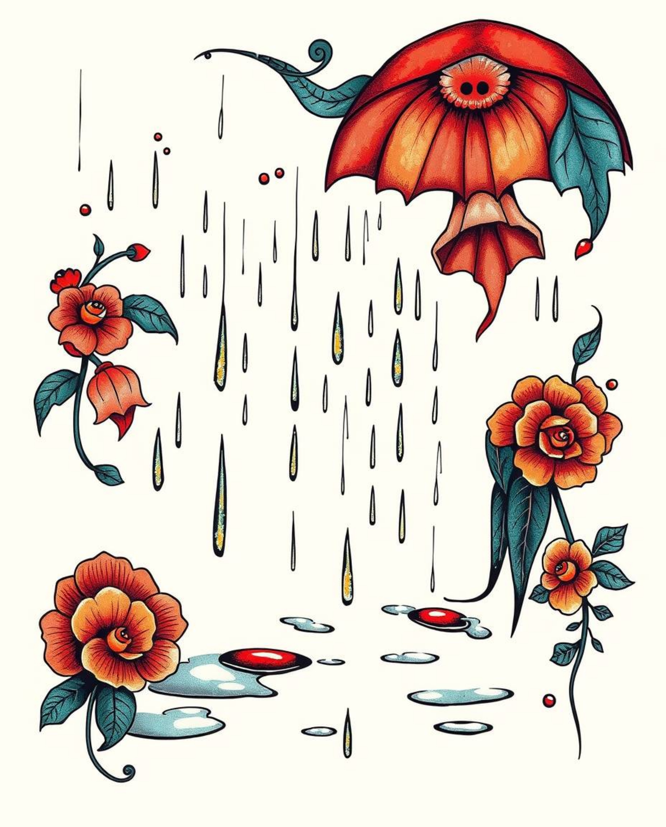 A captivating digital illustration showcases a symbolic traditional tattoo design, depicting a wet rainy scene with delicatel