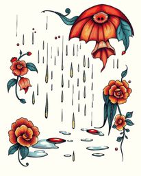 A captivating digital illustration showcases a symbolic traditional tattoo design, depicting a wet rainy scene with delicatel