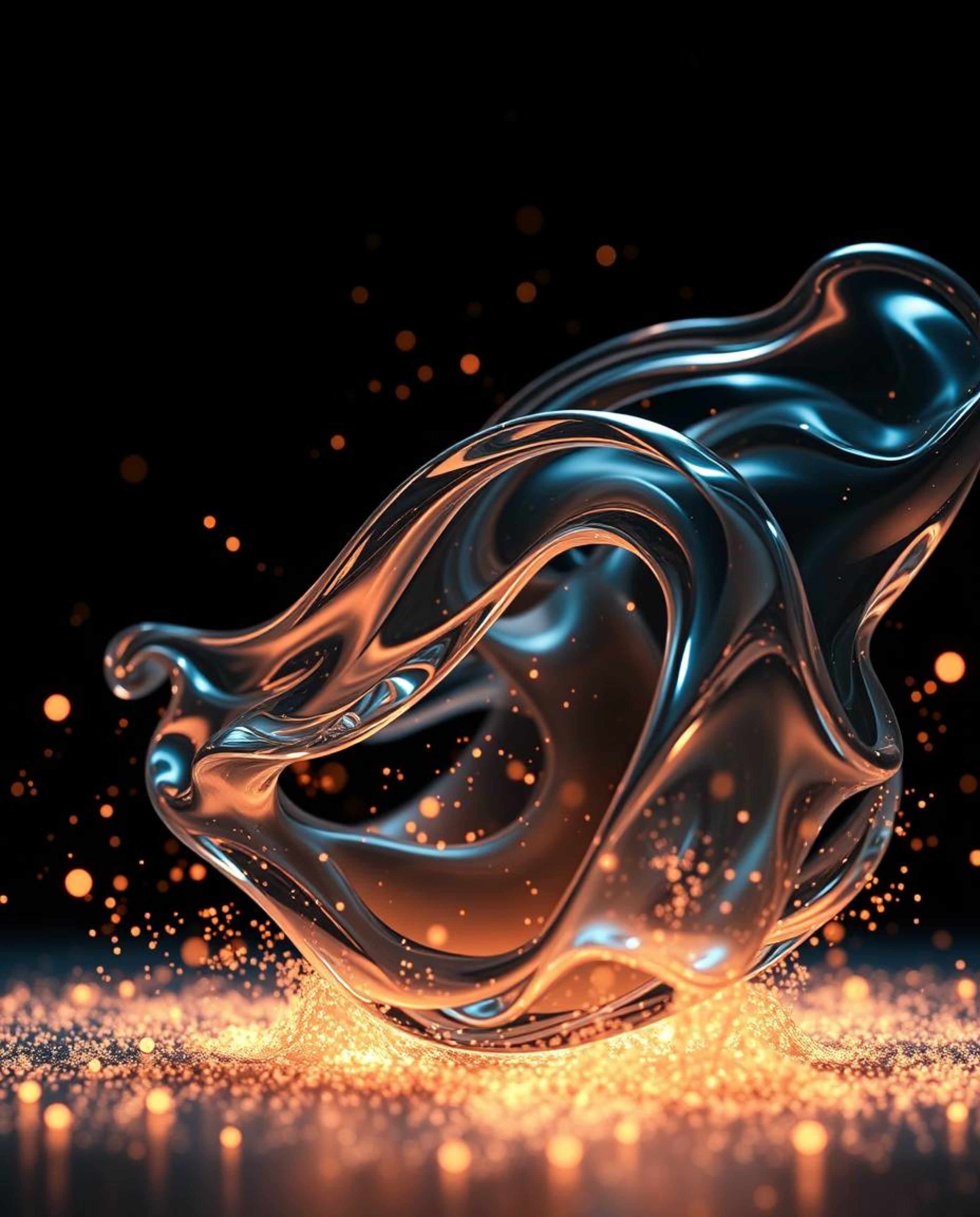 Explore captivating 3D motion with glassy fluid shapes gracefully animated and enveloped by luminous particles. This artwork 