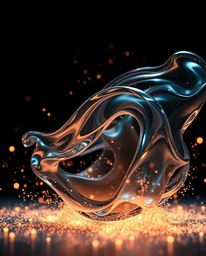 Explore captivating 3D motion with glassy fluid shapes gracefully animated and enveloped by luminous particles. This artwork 