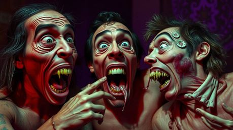 This surreal and dreamlike image captures a bizarre gross-out comedy moment with exaggerated expressions. Deep ultraviolet hu