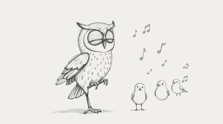 A heartwarming Pixar-inspired hand-drawn sketch depicts a kind, blind owl teaching a group of birds how to fly. The image uti