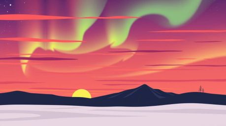 Experience the beauty of a sunset sky illuminated by the enchanting Northern Lights in this modern flat design illustration. 