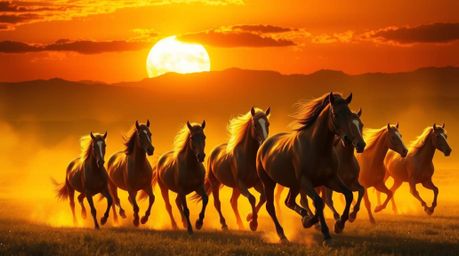Experience the breathtaking beauty of a creative light art piece depicting a herd of wild horses galloping under a radiant, w