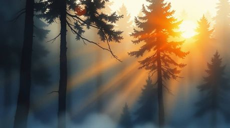 A delicate watercolor painting, rendered in a dramatic cinematic style, captures the breathtaking moment of sunset light filt