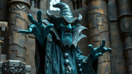 This rich deep teal papier-mâché sculpture depicts a classic Disney villain in the act of casting a spell within an old castl