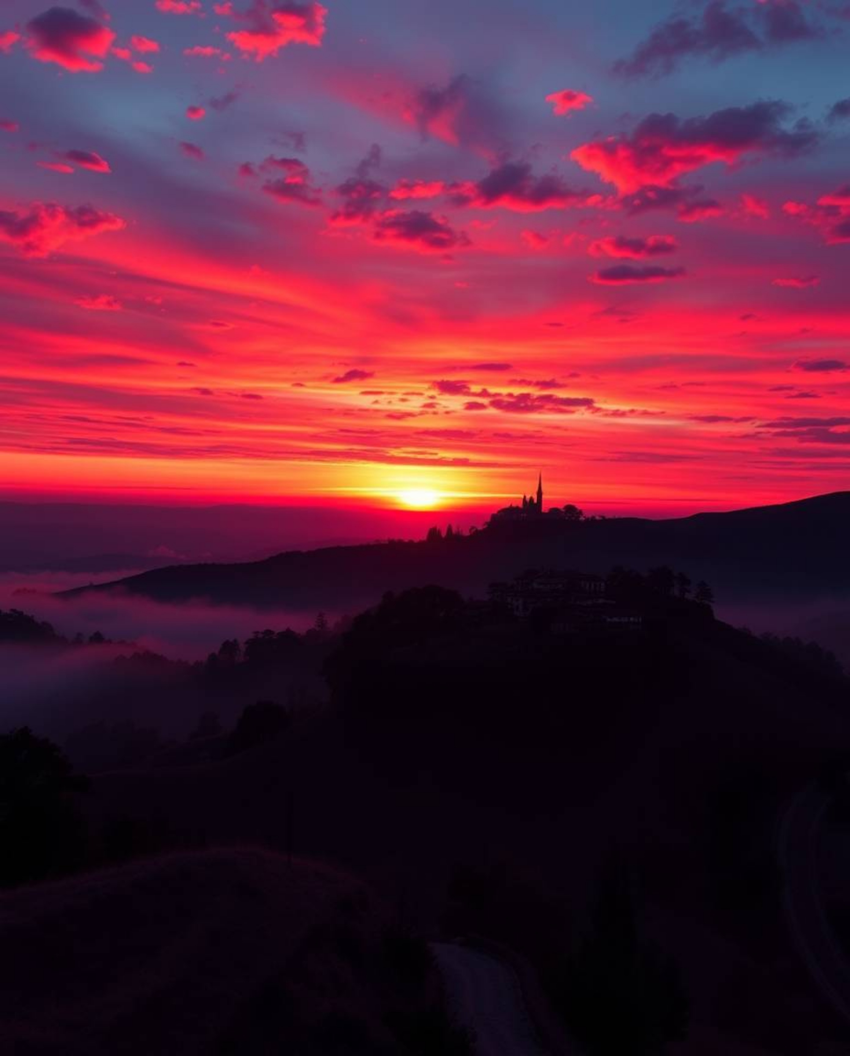 Rich burgundy and deep blue surreal sunset over misty Tuscan hills, fantastical bizarre elements, elegant sophisticated style
