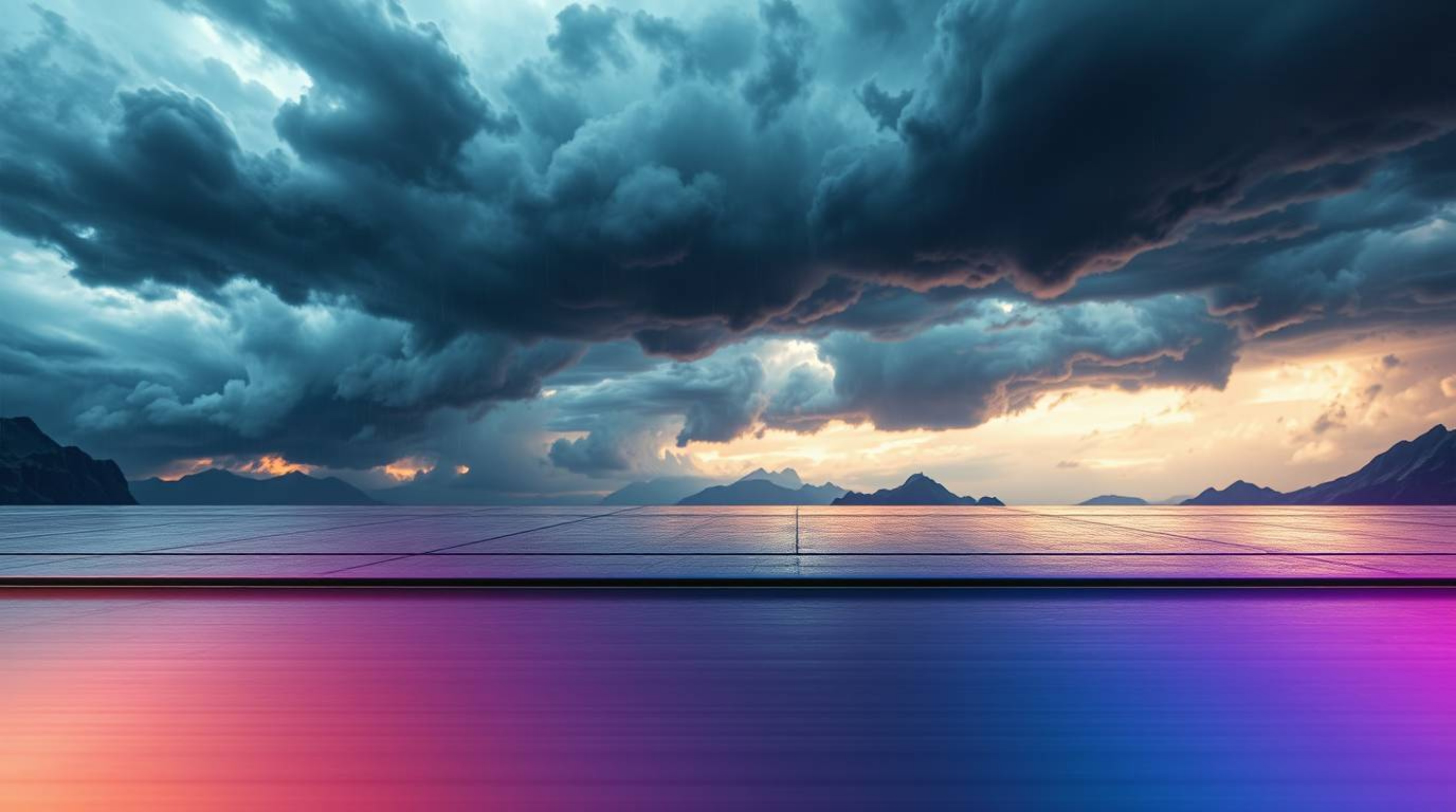 Experience a captivating futuristic sci-fi image showcasing intense dramatic weather and advanced technology. The iridescent 