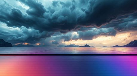 Experience a captivating futuristic sci-fi image showcasing intense dramatic weather and advanced technology. The iridescent 