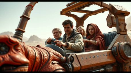 Experience a unique blend of prehistoric and futuristic elements with a tight close-up shot of a prehistoric family riding a 
