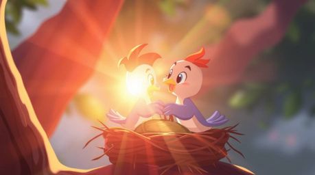 Watch two adorable cartoon birds construct their nest in a charming classic animation style. The scene is filled with bright