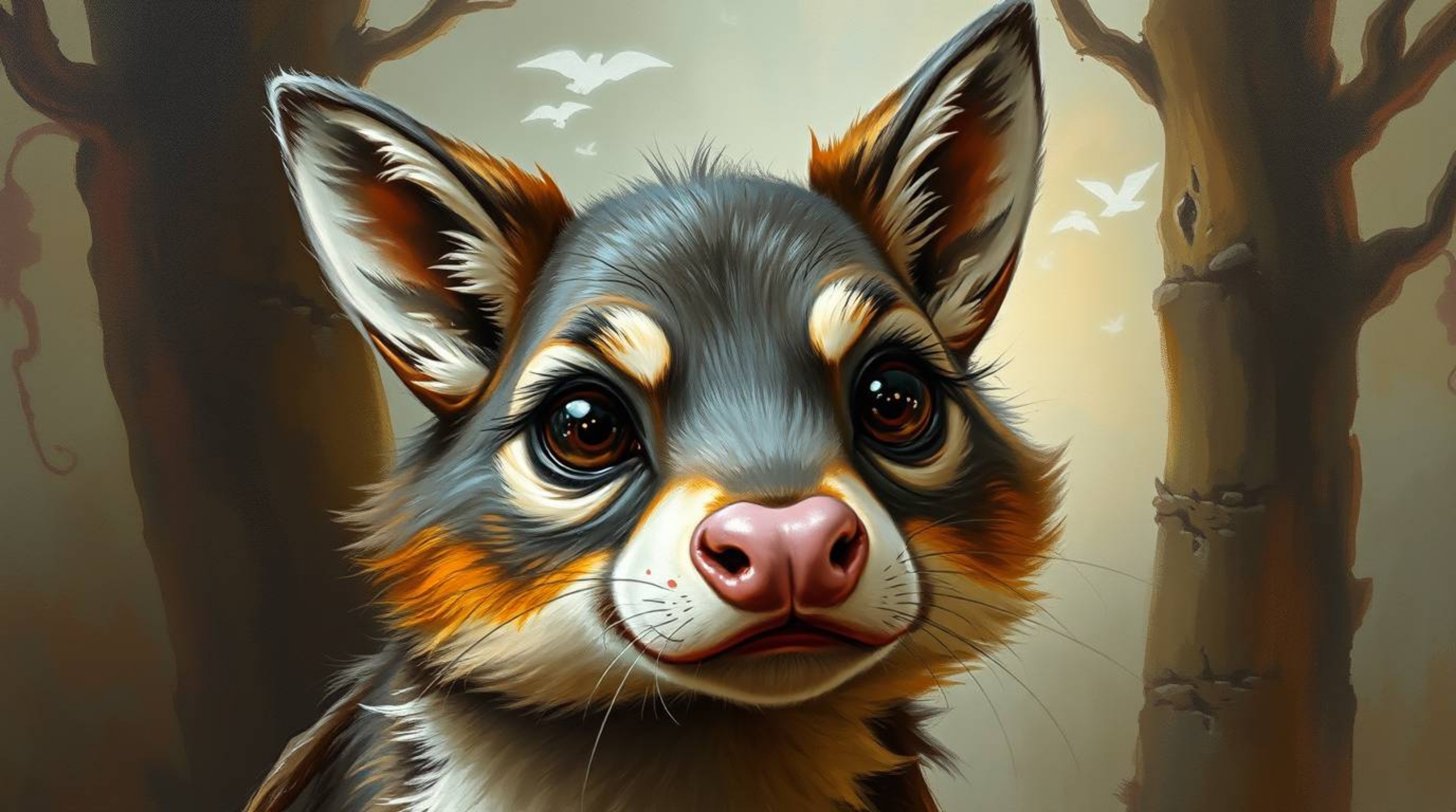 Discover a captivating oil painting featuring a sarcastic animal sidekick with expressive eyes.  The artwork boasts rich text