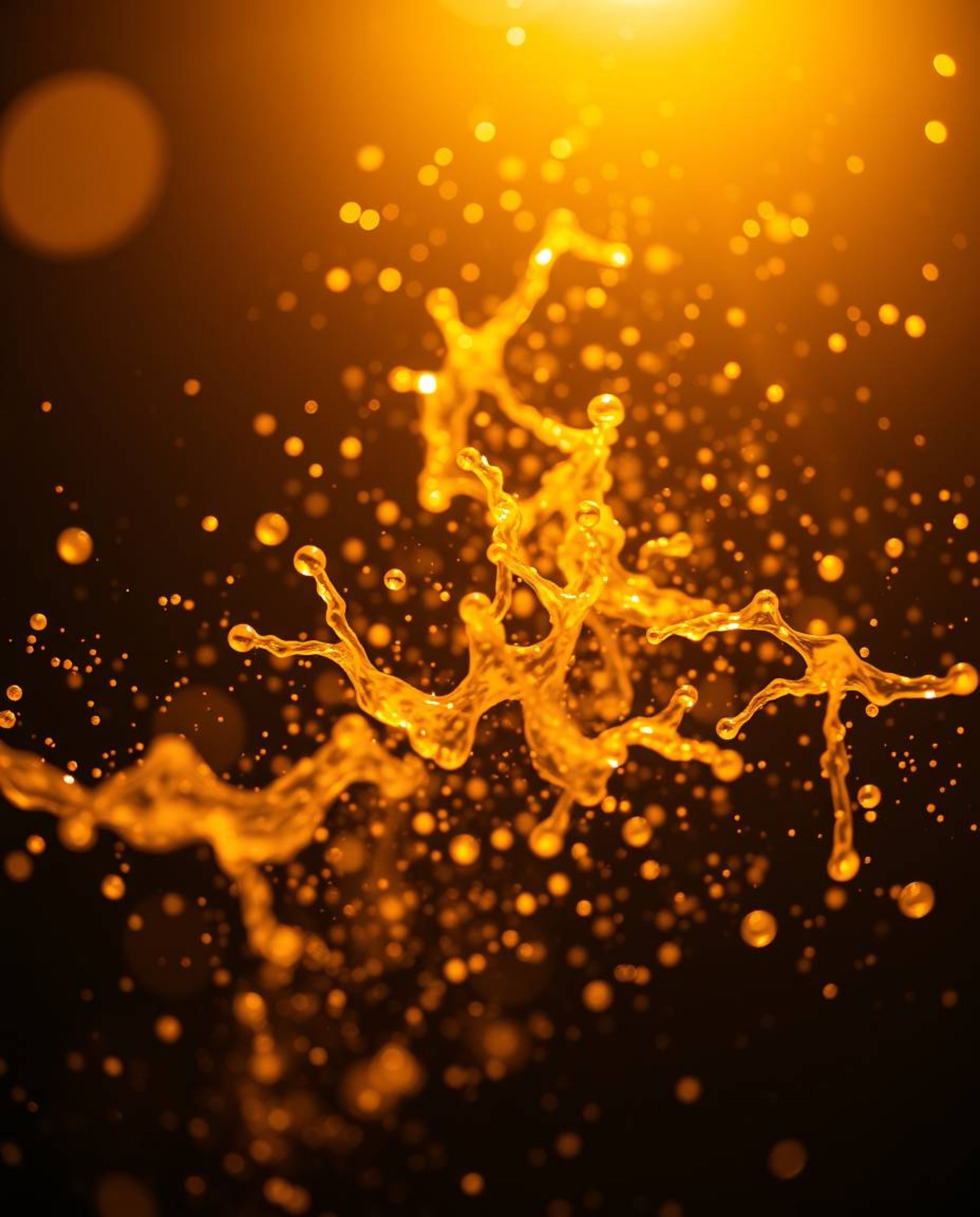 A radiant and luxurious close-up photograph captures dynamic colorful splashes illuminated by warm golden light against a sta