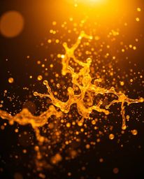 A radiant and luxurious close-up photograph captures dynamic colorful splashes illuminated by warm golden light against a sta