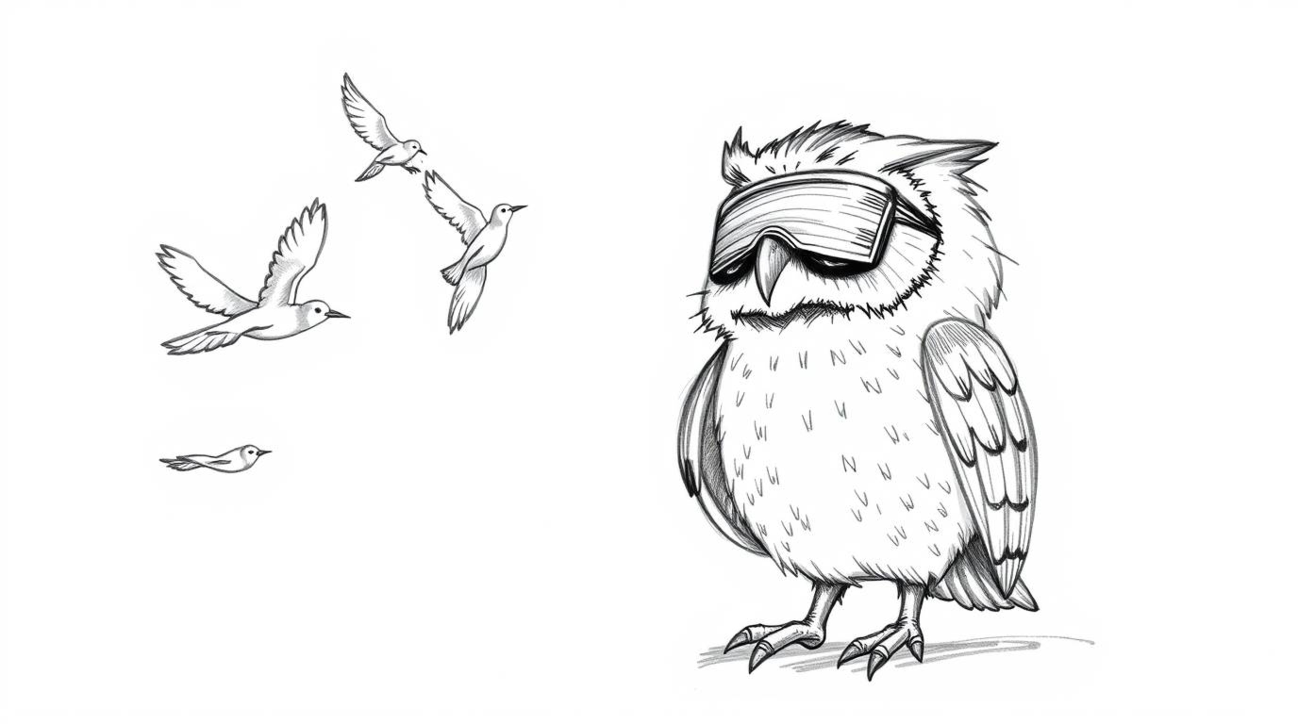 A charming hand-drawn sketch in the style of Pixar depicts a blind owl gently teaching birds to fly.  The artwork features te