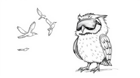 A charming hand-drawn sketch in the style of Pixar depicts a blind owl gently teaching birds to fly.  The artwork features te
