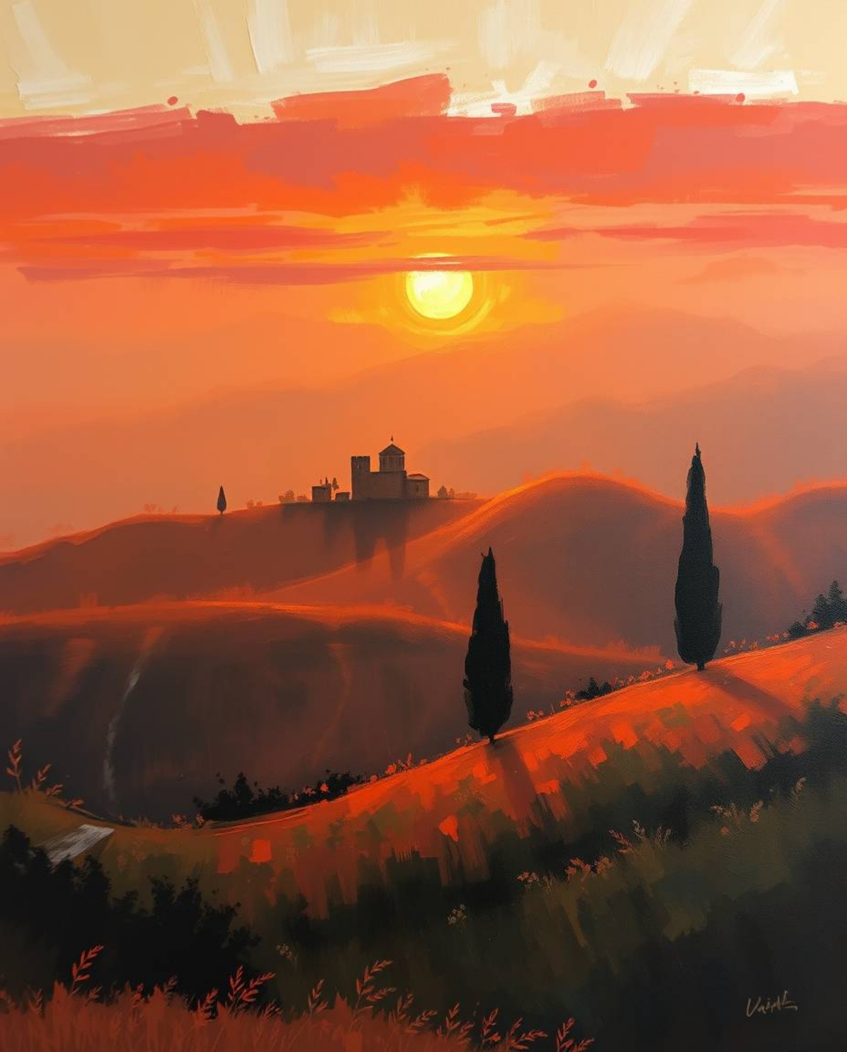 A warm classic oil painting depicting a sunset over misty Tuscan hills, rich with texture and visible brushstrokes, using red
