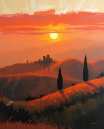 A warm classic oil painting depicting a sunset over misty Tuscan hills, rich with texture and visible brushstrokes, using red