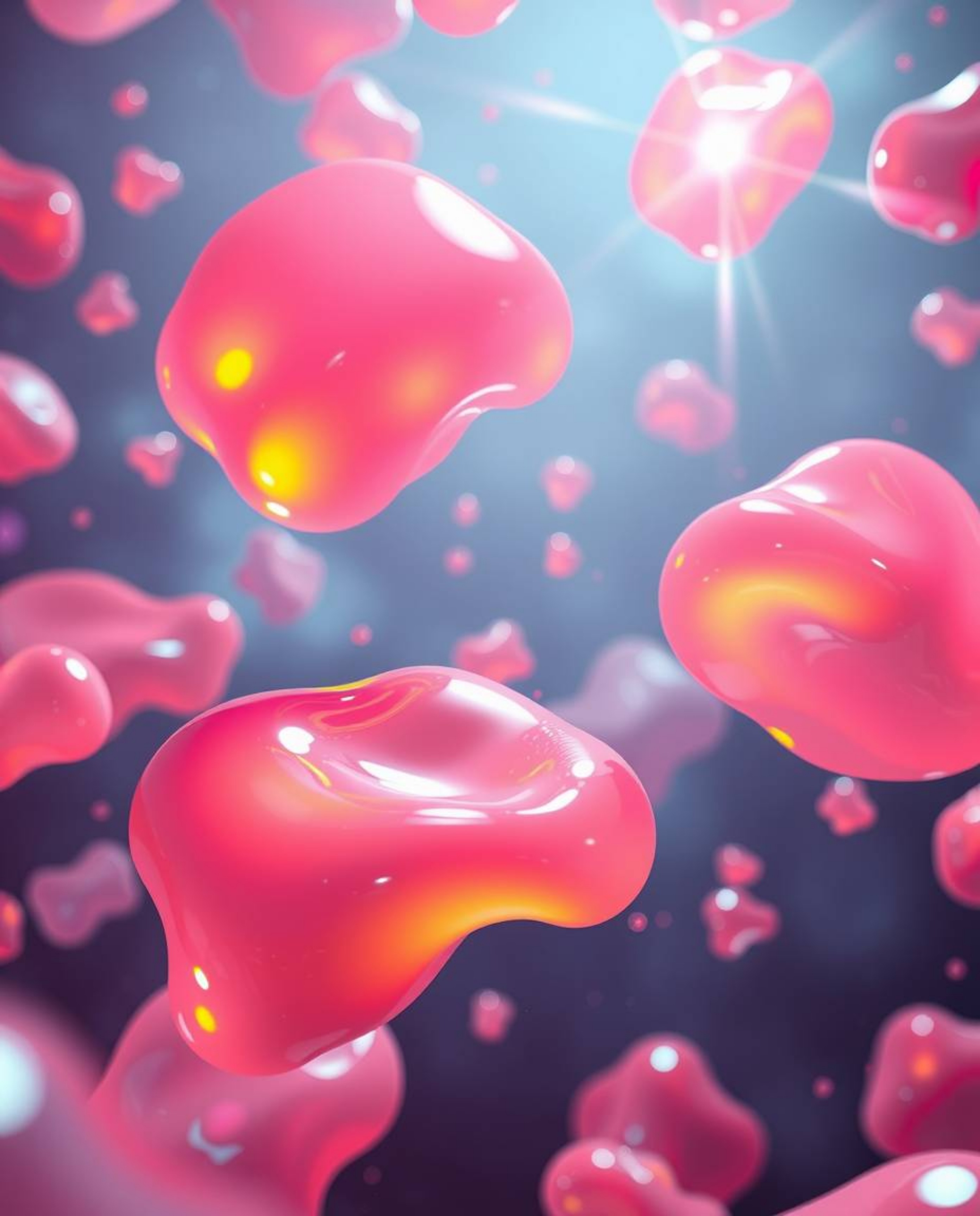 Experience a mesmerizing digital rendering showcasing floating 3D blobs of fluid jelly in a futuristic sci-fi style. Vibrant 