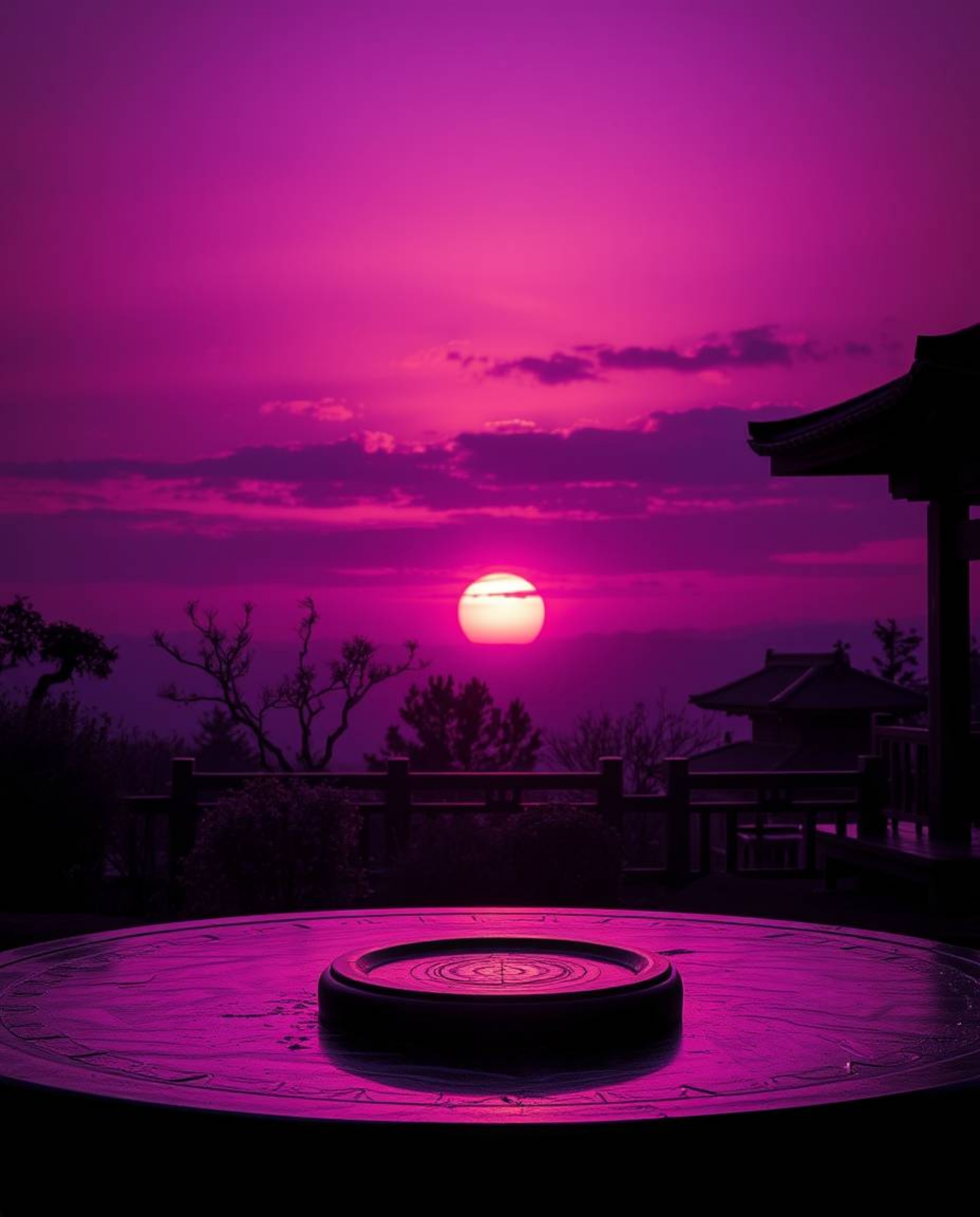 Experience a serene Zen garden at sunset in a high-contrast image that casts deep ultraviolet hues and vivid purples across a