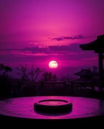 Experience a serene Zen garden at sunset in a high-contrast image that casts deep ultraviolet hues and vivid purples across a