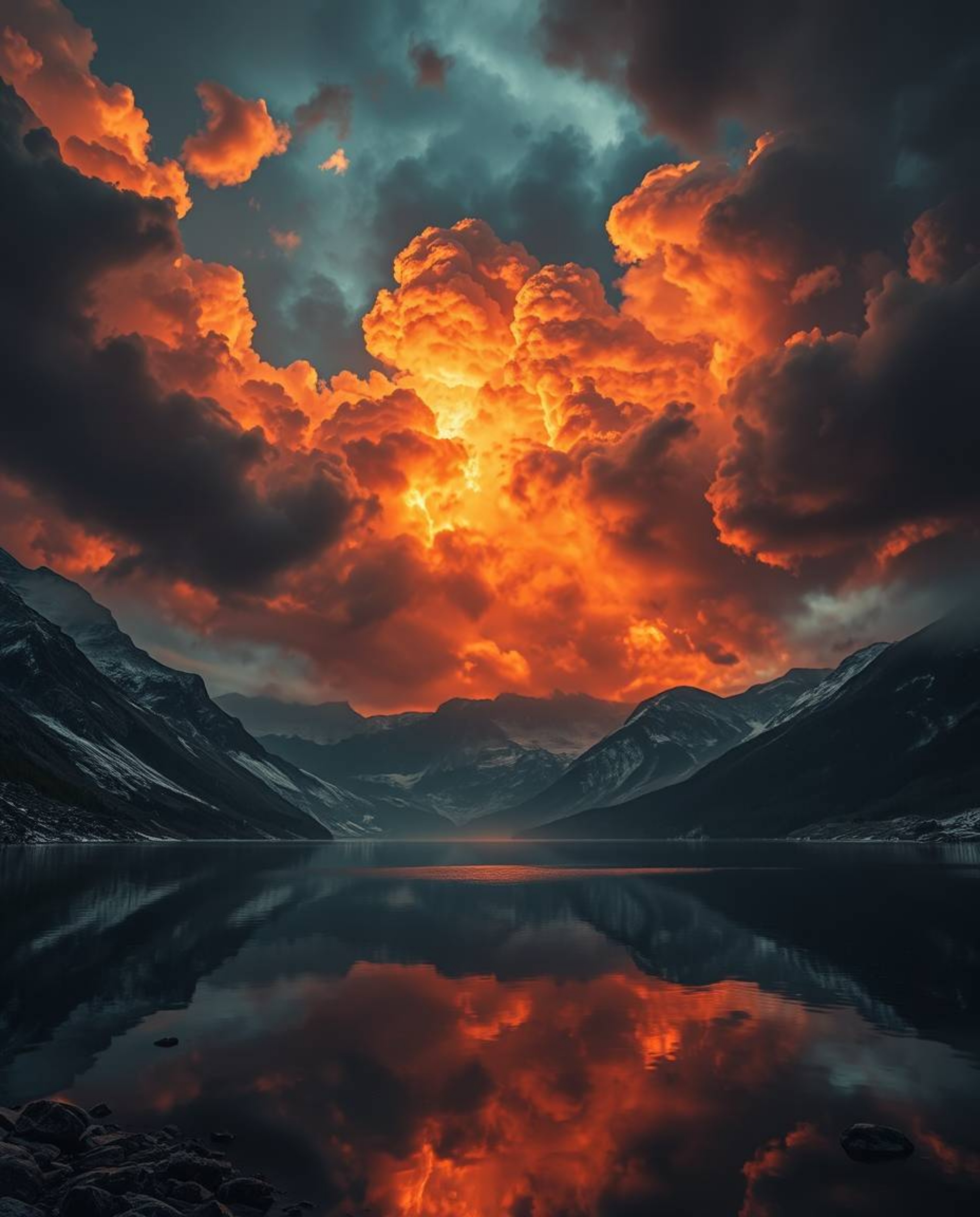 An epic, grand-scale scene depicts the reflections of fiery clouds in a mountain lake, featuring dramatic chiaroscuro lightin