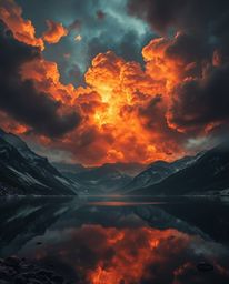 An epic, grand-scale scene depicts the reflections of fiery clouds in a mountain lake, featuring dramatic chiaroscuro lightin
