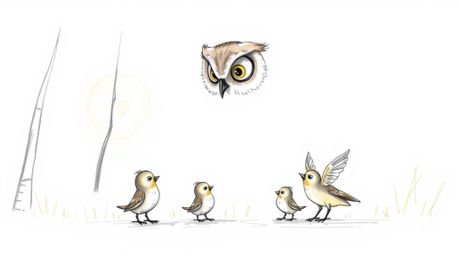 A heartwarming illustration in the style of a Pixar hand-drawn sketch depicts a blind owl with soft, detailed feathers and ex