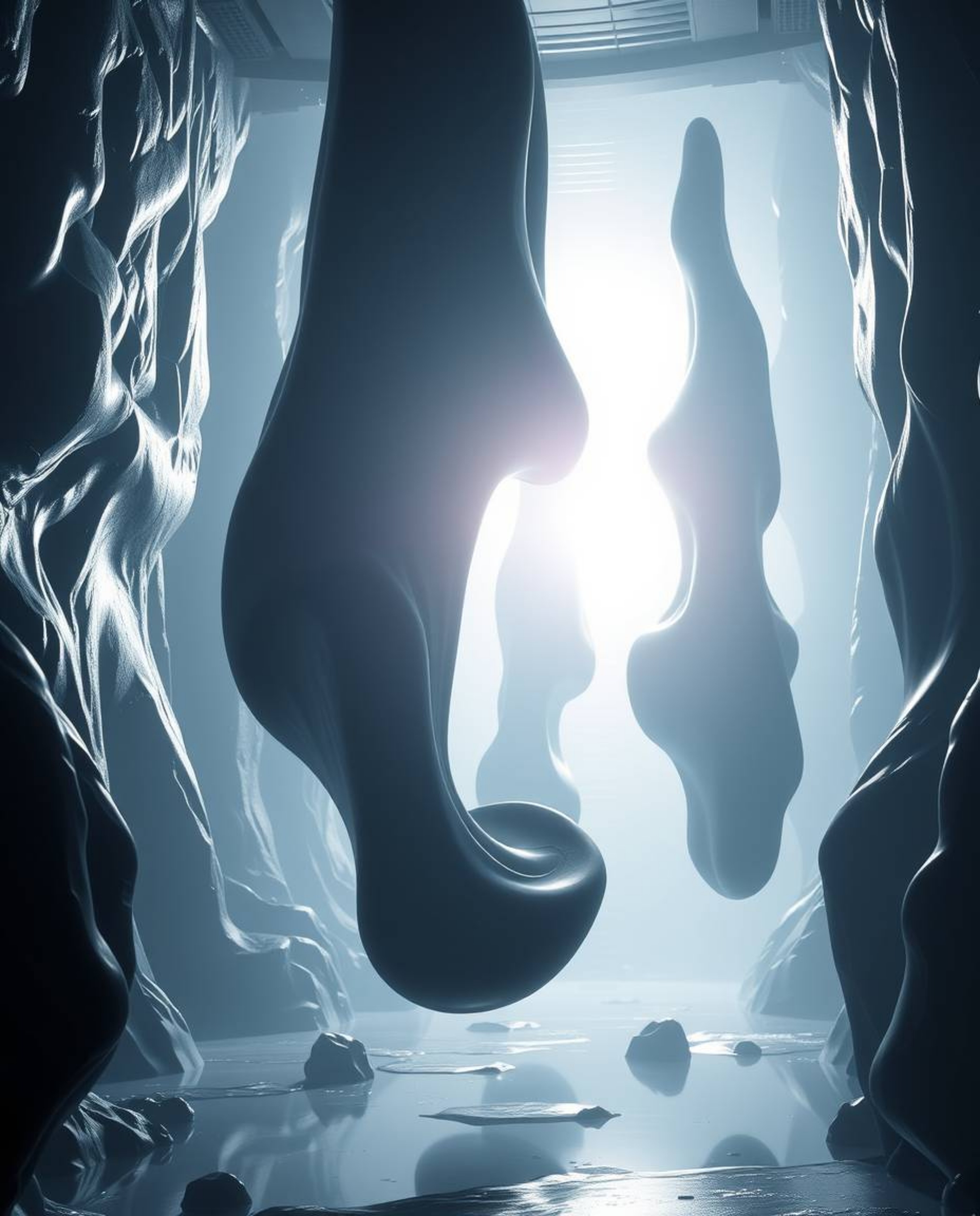 A grand and epic futuristic scene unfolds, showcasing silhouetted, smooth 3D fluid shapes with metallic textures elegantly fl