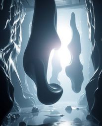 A grand and epic futuristic scene unfolds, showcasing silhouetted, smooth 3D fluid shapes with metallic textures elegantly fl