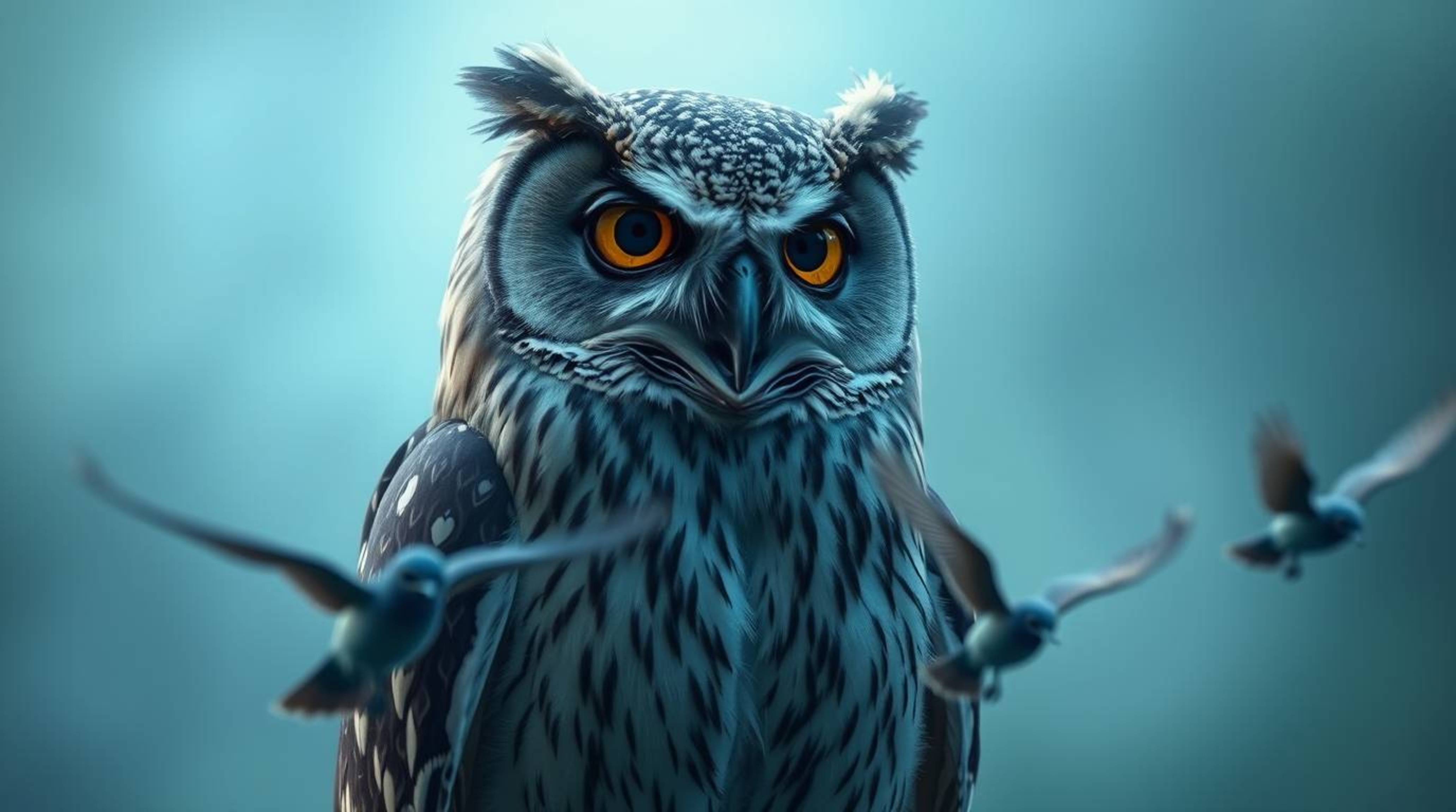 A cinematic, long exposure photo captures a blind owl, rendered in a Pixar-style with a serene expression, as it overlooks it