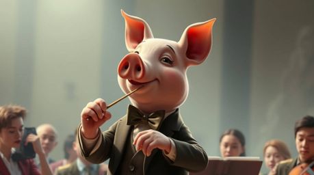 A refined pig character gracefully conducts an orchestra in a captivating digital artwork. The image features randomized elem