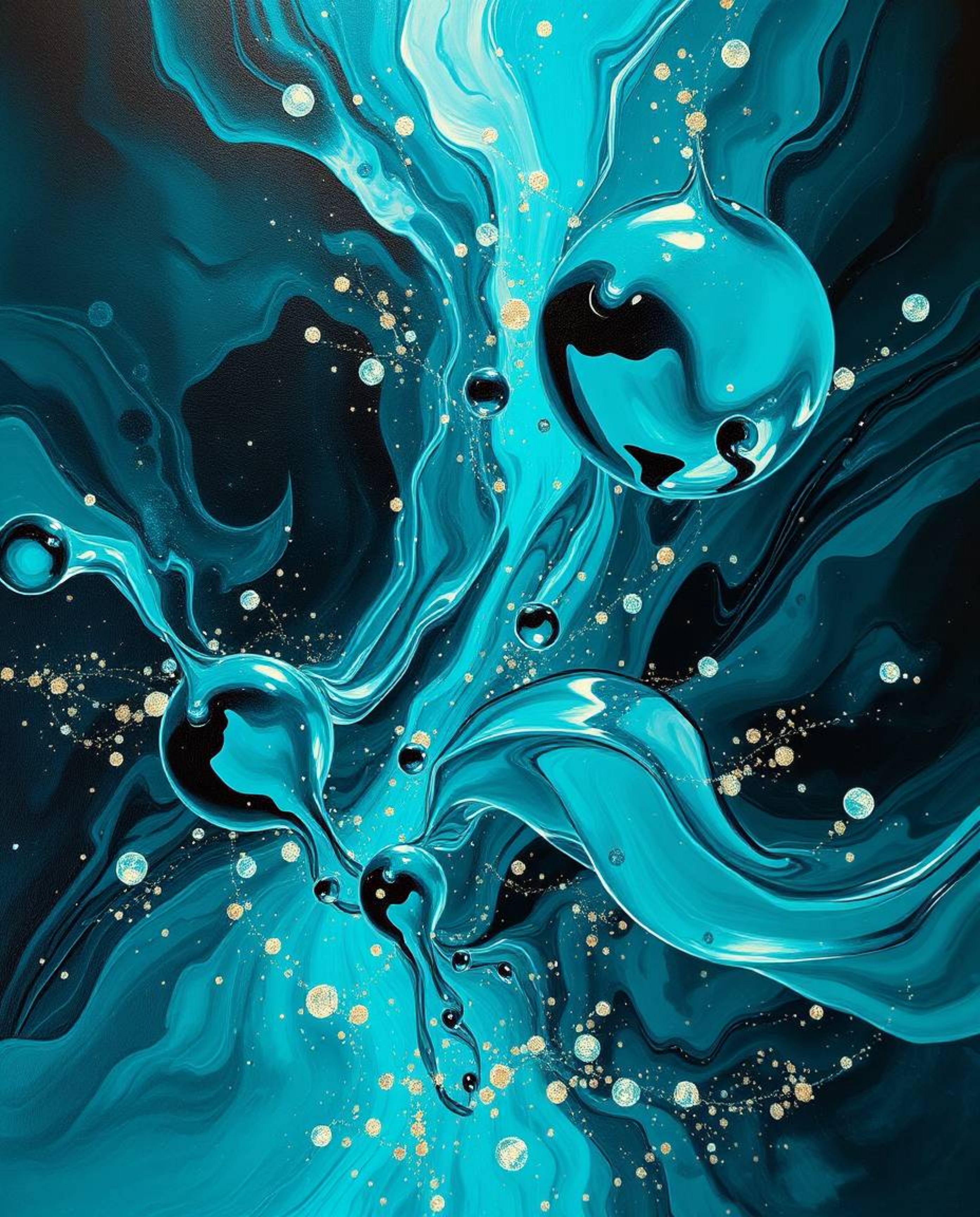 This artwork showcases a classic oil painting style, dominated by deep teal hues, offering a low-angle view of glassy fluid 3