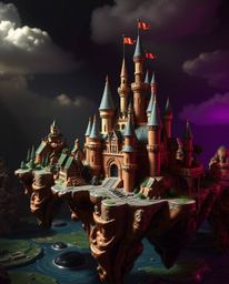 Discover a vibrant kingdom where colorful floating islands and bronze castles soar amidst dramatic chiaroscuro lighting. The