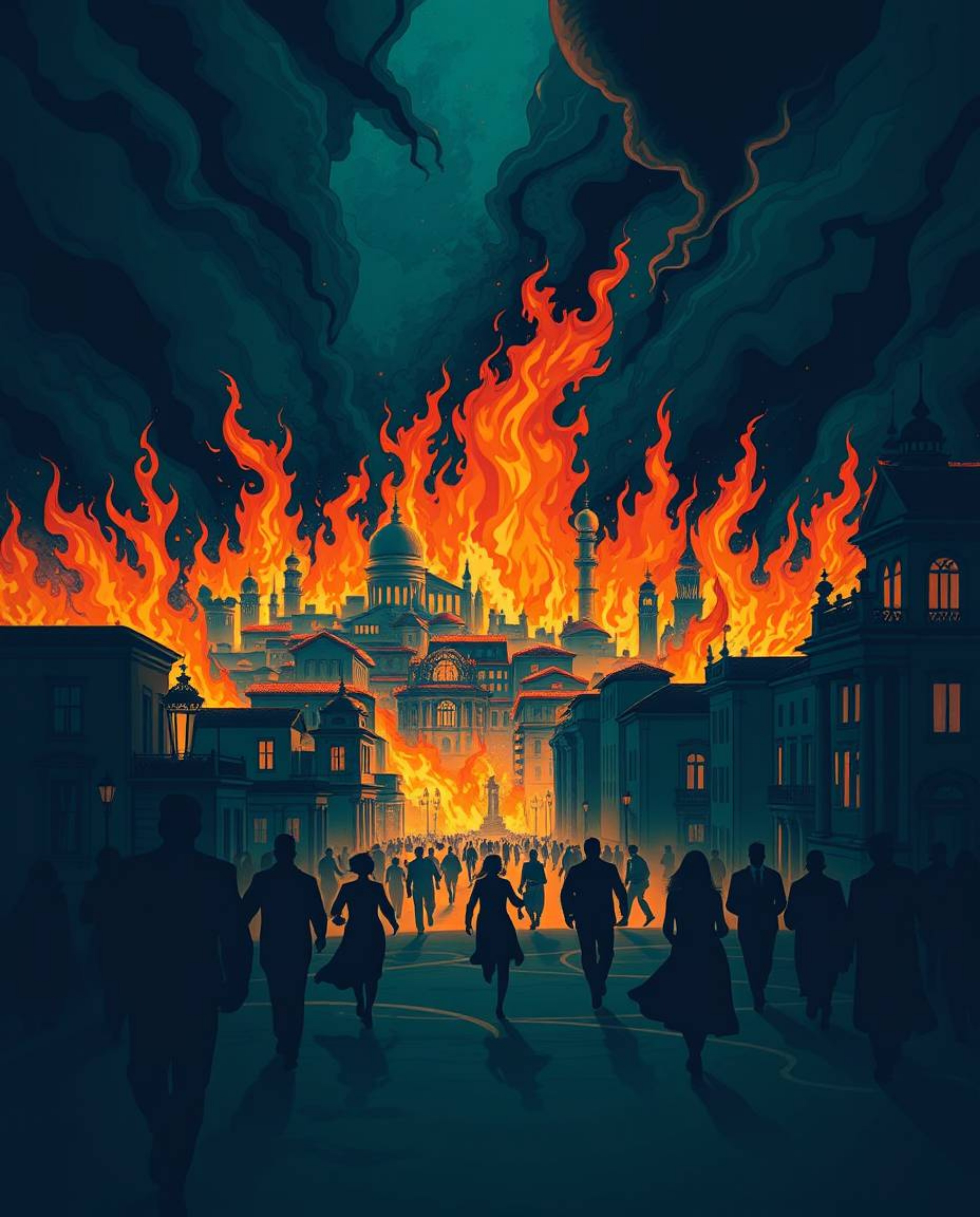 An elegant illustration depicts a city engulfed in flames, with people running in a state of panic. The artwork is characteri