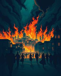An elegant illustration depicts a city engulfed in flames, with people running in a state of panic. The artwork is characteri