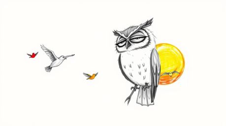 A heartwarming hand-drawn sketch in the style of Pixar, depicting a wise, gentle blind owl guiding a flock of colorful birds 