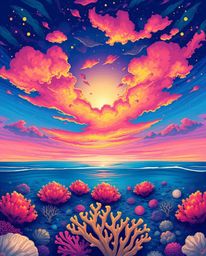 An adorable and cute illustration depicts a colorful sky over a coral reef at low tide. This artwork is brought to life with 