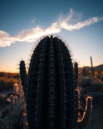 A precise architectural color photograph captures a desert cactus glowing in the last rays of the sun. The image is character