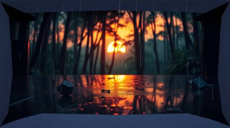 An intricate origami artwork captures a mesmerizing wet, rainy sunset scene within a dense forest.  The image showcases drizz
