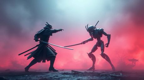 A digitally created image showcases a thrilling battle between a samurai and a robot in a dystopian world.  The seamless blen