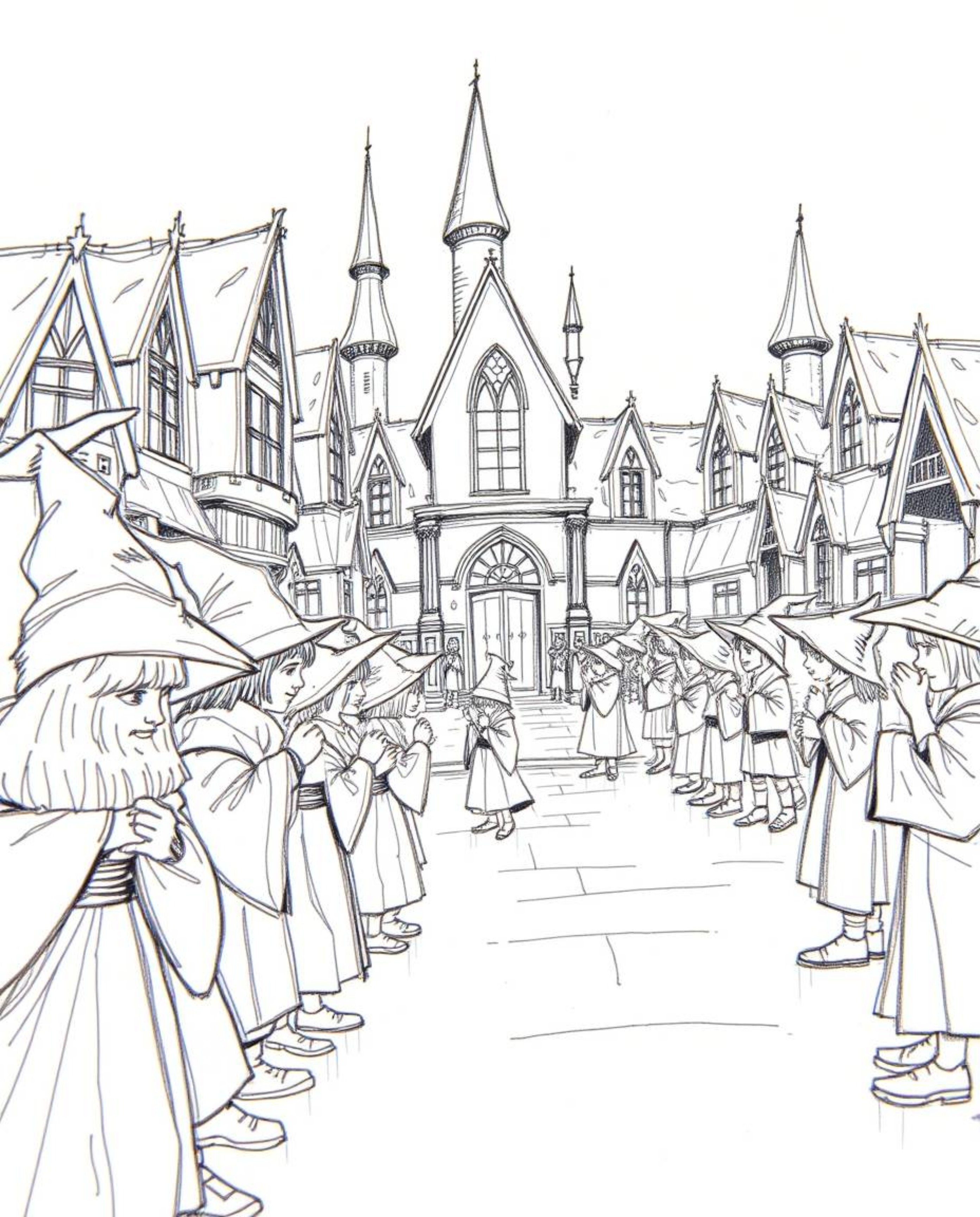 Explore a captivating extreme macro close-up, hand-drawn sketch of a magical school teeming with young wizards. This artwork